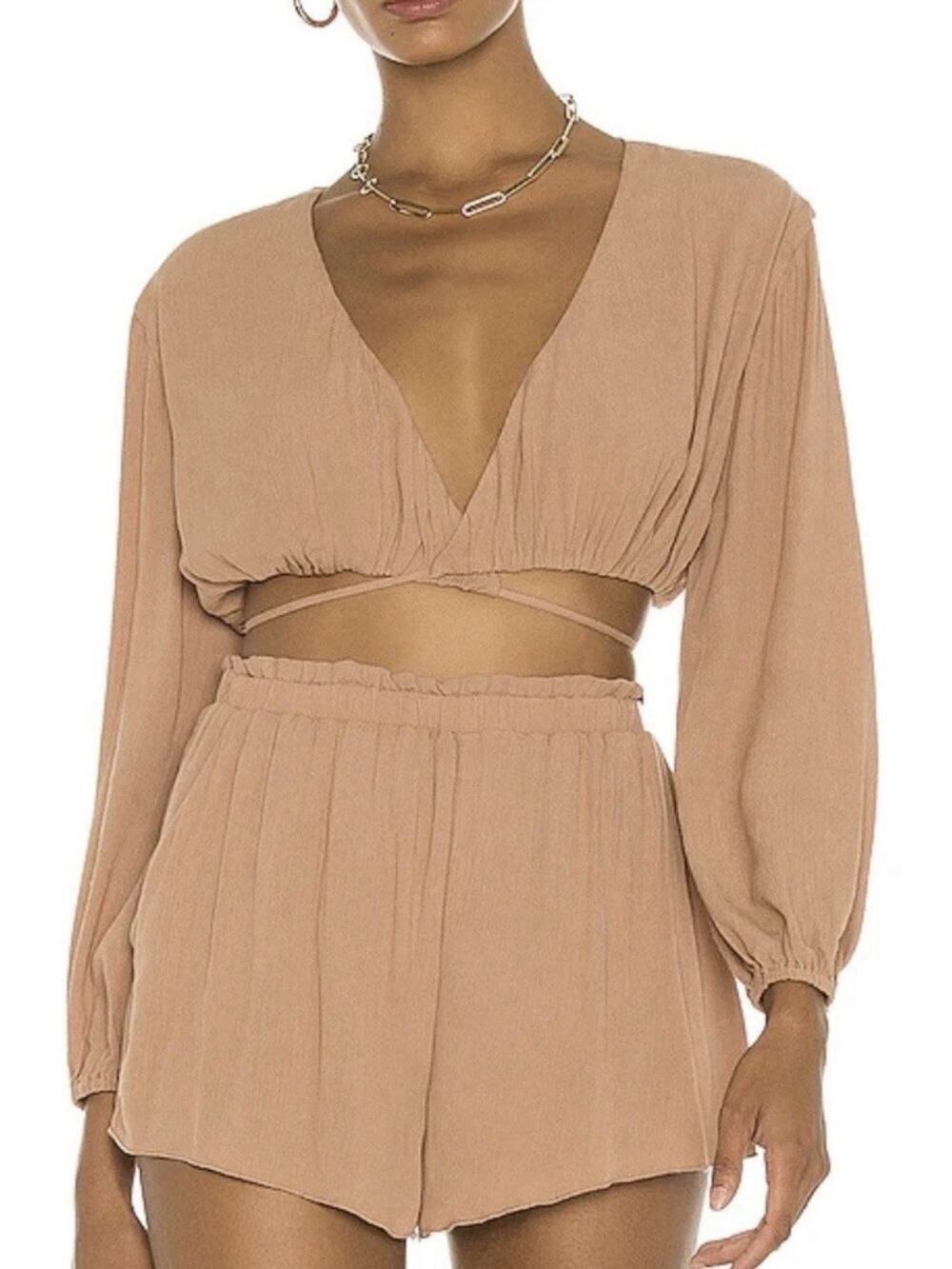 Camila Coelho Hattie Crop Top Sz S Taupe Long Slv Boho Coquette